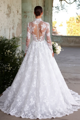 High Neck Long Sleeves A-line Wedding Dress with Lace Applique-27dress